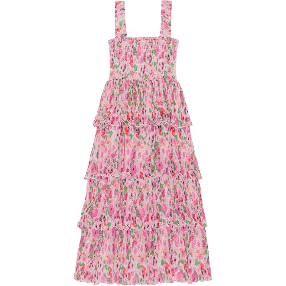 Order (W) GANNI Pleated Georgette Smock Midi Dress Bunga Ruffle Merah Jambu F7636393