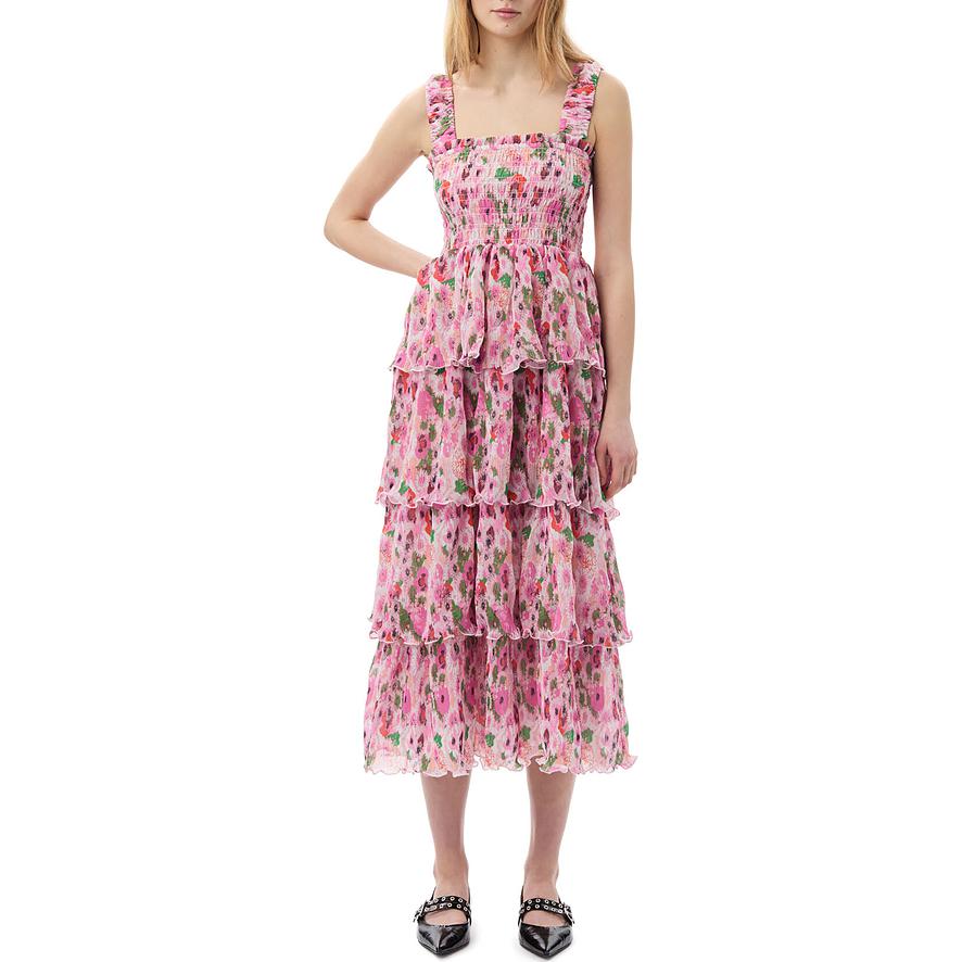 Lookbook (W) GANNI Pleated Georgette Smock Midi Dress Bunga Ruffle Merah Jambu F7636393