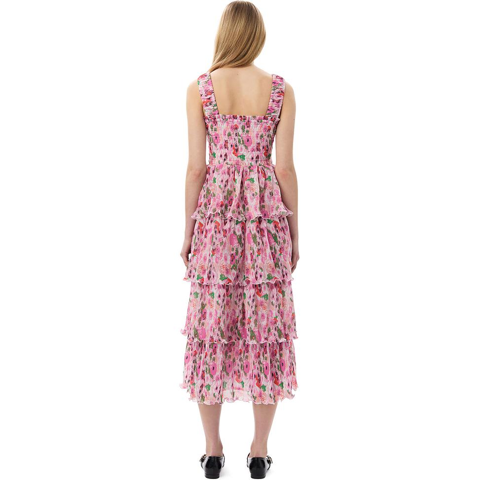 Shop (W) GANNI Pleated Georgette Smock Midi Dress Bunga Ruffle Merah Jambu F7636393