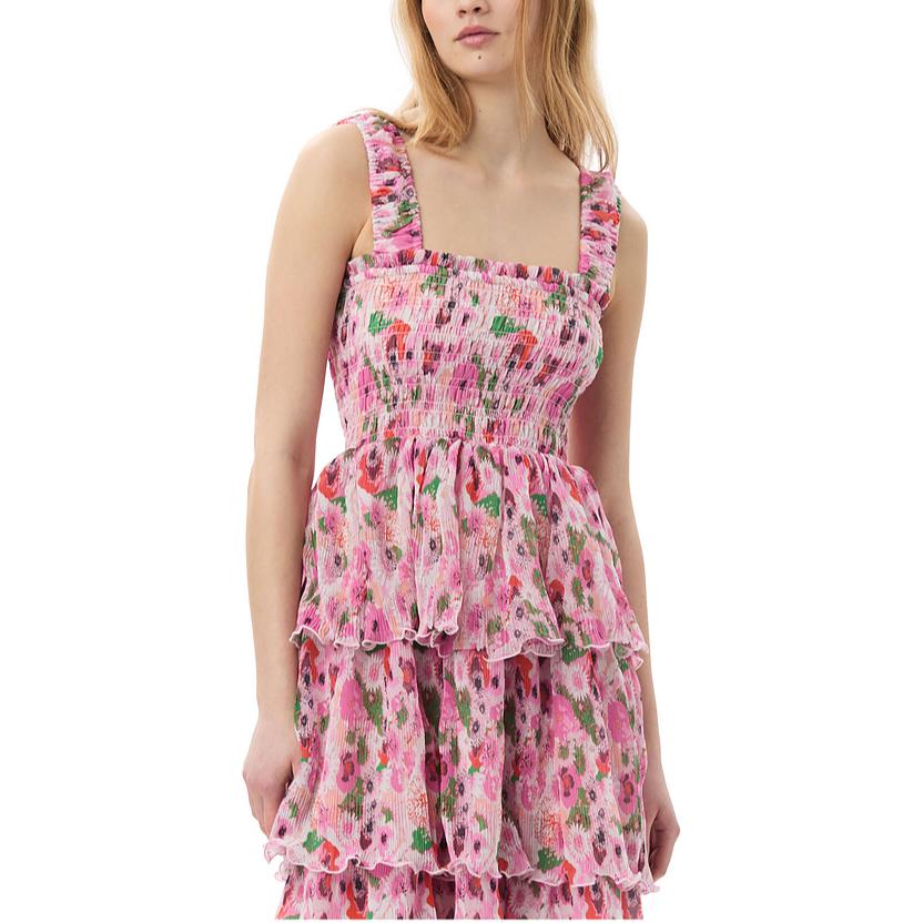 Details for (W) GANNI Pleated Georgette Smock Midi Dress Bunga Ruffle Merah Jambu F7636393