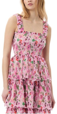 (W) GANNI Pleated Georgette Smock Midi Dress Bunga Ruffle Merah Jambu F7636393 Details for (W) GANNI Pleated Georgette Smock Midi Dress Bunga Ruffle Merah Jambu F7636393