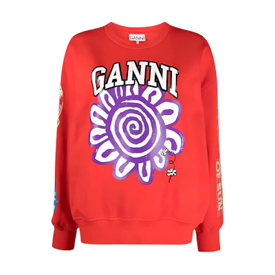 (Women) GANNI Red Oversized Crewneck Sweatshirt with Logo Print T3777472