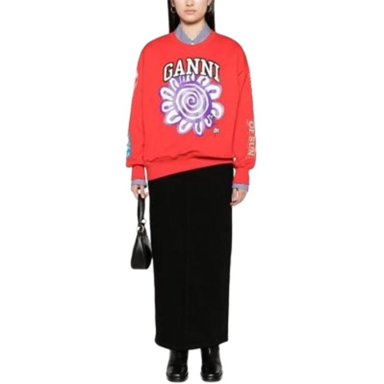 Lookbook (Women) GANNI Red Oversized Crewneck Sweatshirt with Logo Print T3777472