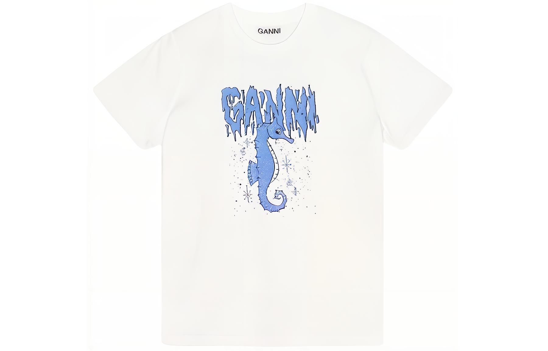 (Women) GANNI Seahorse Print Crewneck T-Shirt SS24 Bright White T3895151