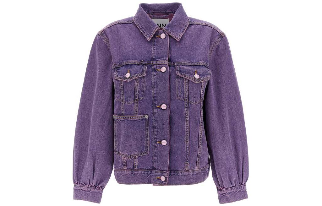 (Women) GANNI Solid Color Button-Up Collared Long Sleeve Jacket Women Purple. J1272892