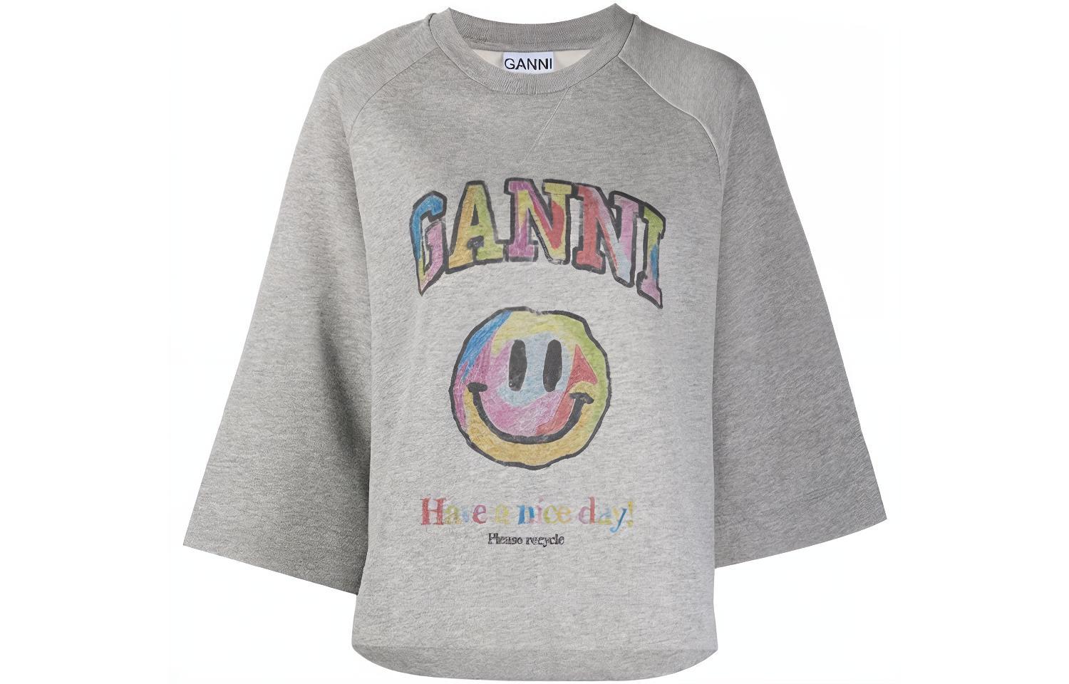 (Women) GANNI SS21  Grey Smiley Logo Printed Crewneck 3/4 Sleeve Sweatshirt T2793-921