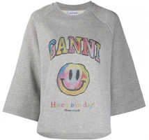 (Women) GANNI SS21 Grey Smiley Logo Printed Crewneck 3/4 Sleeve Sweatshirt T2793-921 (Women) GANNI SS21 Grey Smiley Logo Printed Crewneck 3/4 Sleeve Sweatshirt T2793-921