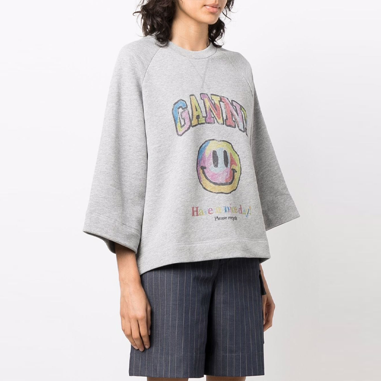Purchase (W) GANNI SS21 灰色笑臉標誌印花 3/4袖圓領衛衣 T2793-921