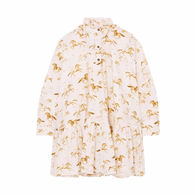 (Women) GANNI SS21 Vintage Equestrian Print Stand Collar Long Sleeve Mini Dress Women F5457-6096