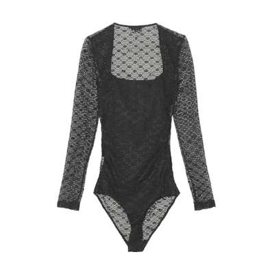 (Women) GANNI SS22 Black Square Neck Lace Long Sleeve Bodysuit T3118-099