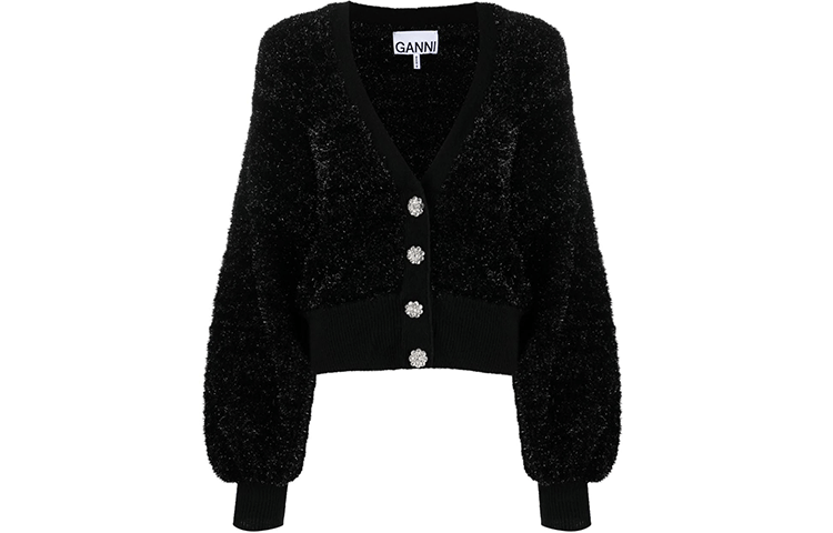(Women) GANNI SS22  Black Textured V-Neck Cardigan Sweater. K1638-099