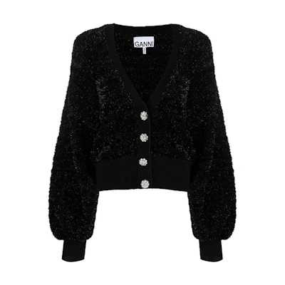 (Women) GANNI SS22 Black Textured V-Neck Cardigan Sweater. K1638-099