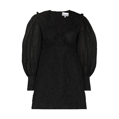(Women) GANNI SS22 Black V-Neck Lantern Sleeve Organza Mini Dress F6743-099
