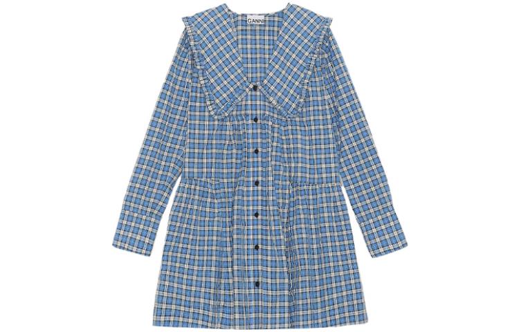 (Women) GANNI SS22  Blue Plaid Long Sleeve Dress with Peter Pan Collar F6858-244