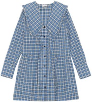 (Women) GANNI SS22 Blue Plaid Long Sleeve Dress with Peter Pan Collar F6858-244 (Women) GANNI SS22 Blue Plaid Long Sleeve Dress with Peter Pan Collar F6858-244