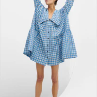 Shop (W) GANNI SS22 藍色格紋彼得潘領長袖連身裙 F6858-244