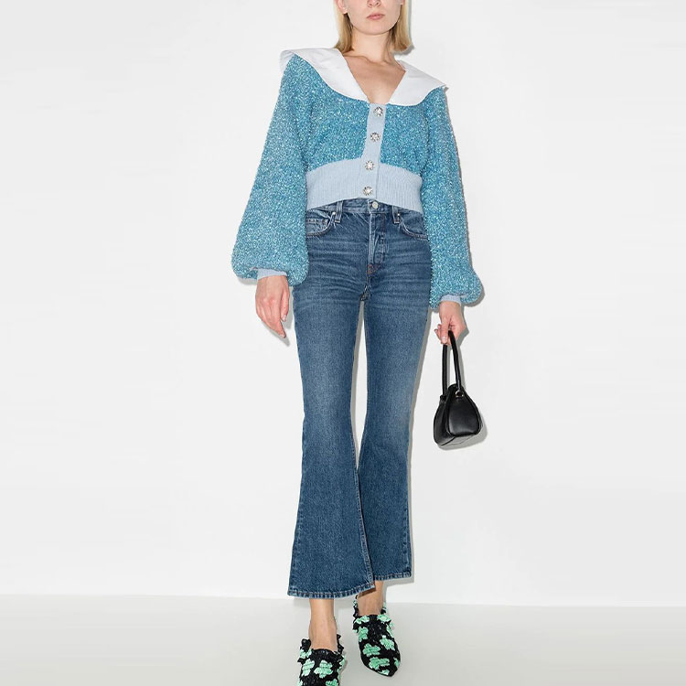 Lookbook (W) 가니 SS22 레트로 니트 스웨터 피터팬 칼라 - 블루 K1653594