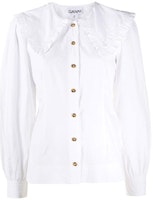 (Women) GANNI SS22 White Logo Peter Pan Collar Slim-Fit Long Sleeve Shirt F5500-151 (Women) GANNI SS22 White Logo Peter Pan Collar Slim-Fit Long Sleeve Shirt F5500-151