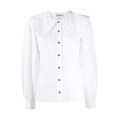 (Women) GANNI SS22 White Logo Peter Pan Collar Slim-Fit Long Sleeve Shirt F5500-151
