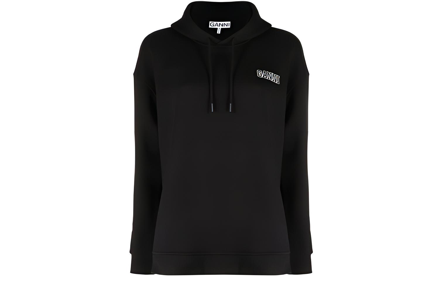 (Women) GANNI SS22 Black Hoodie with Logo Embroidery and Drawstring T2923-099