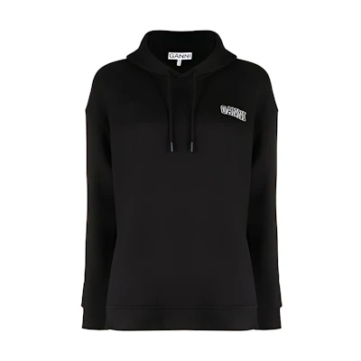 (Women) GANNI SS22 Black Hoodie with Logo Embroidery and Drawstring T2923-099