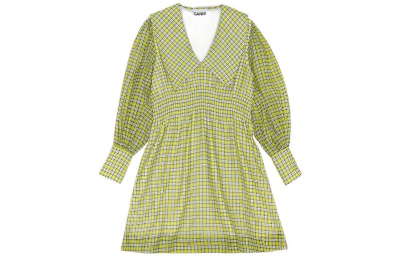 (Women) GANNI SS22 Check Puff-Sleeve Organza Midi Dress for Women F6814197