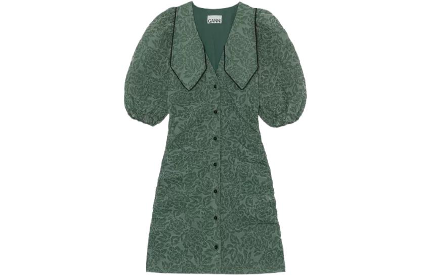 (Women) GANNI SS22 Floral Jacquard Pleated Mini Short Sleeve Dress Women Green. F7108-813