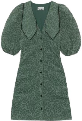 (W) GANNI SS22 女士绿色花卉提花褶皱短袖迷你连衣裙。 F7108-813 Buy (W) GANNI SS22 女士绿色花卉提花褶皱短袖迷你连衣裙。 F7108-813