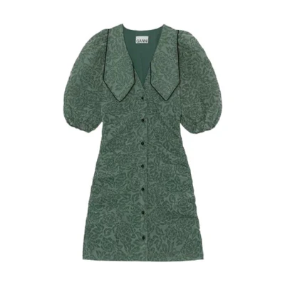 (Women) GANNI SS22 Floral Jacquard Pleated Mini Short Sleeve Dress Women Green. F7108-813