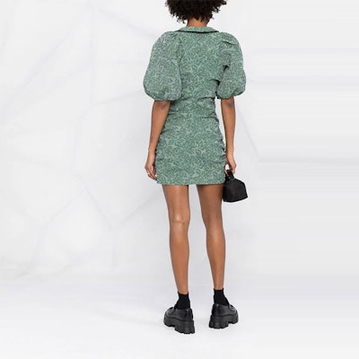 (W) GANNI SS22 女士绿色花卉提花褶皱短袖迷你连衣裙。 F7108-813 Shop (W) GANNI SS22 女士绿色花卉提花褶皱短袖迷你连衣裙。 F7108-813