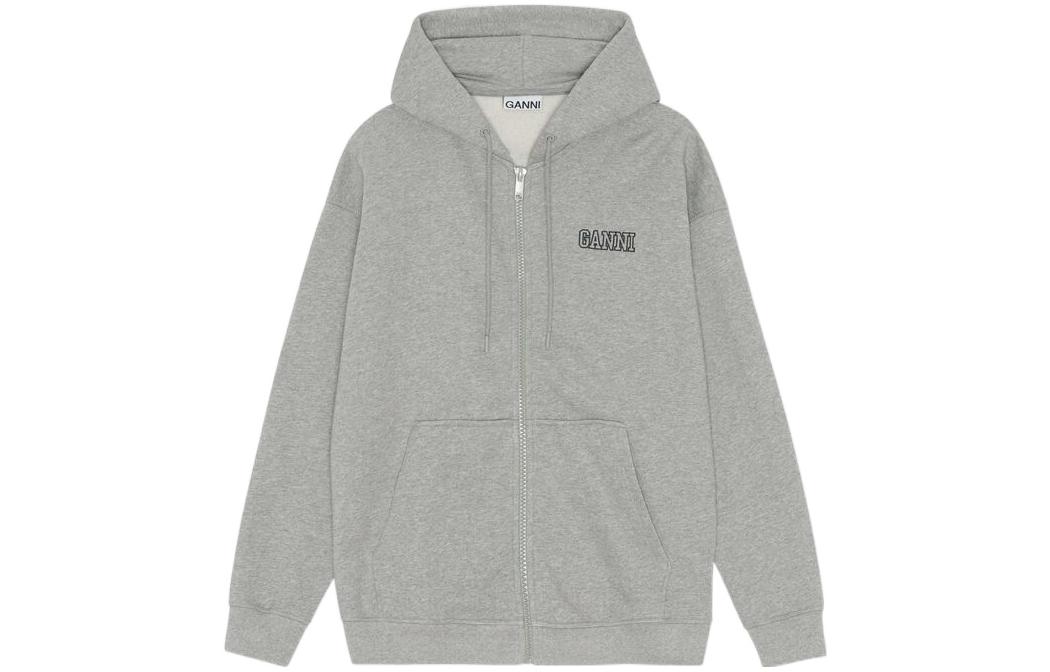(Women) GANNI SS22 Grey Logo Embroidered Zip-Up Hoodie for Women T3232-921