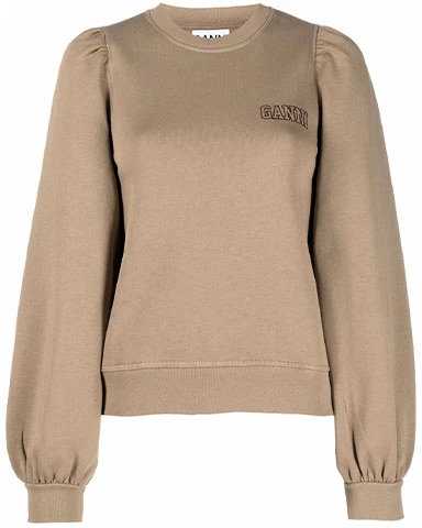 women-ganni-ss-22-puff-sleeve-logo-sweatshirt-khaki-color-round-neck-casual-t3022-189