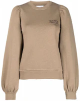 (Women) GANNI SS22 Puff Sleeve Logo Sweatshirt Khaki Color Round Neck Casual T3022-189 (Women) GANNI SS22 Puff Sleeve Logo Sweatshirt Khaki Color Round Neck Casual T3022-189