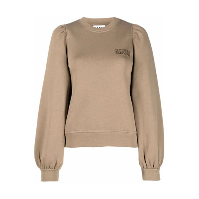 (Women) GANNI SS22 Puff Sleeve Logo Sweatshirt Khaki Color Round Neck Casual T3022-189