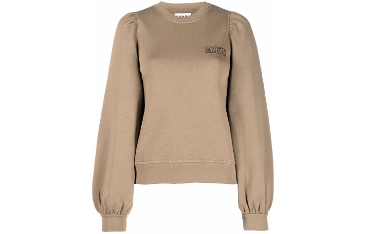 Order (Women) GANNI SS22 Puff Sleeve Logo Sweatshirt Khaki Color Round Neck Casual T3022-189