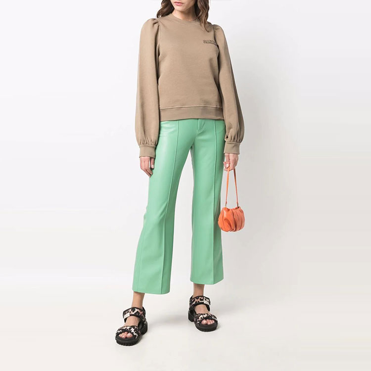 Lookbook (Women) GANNI SS22 Puff Sleeve Logo Sweatshirt Khaki Color Round Neck Casual T3022-189