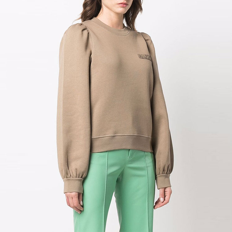 Shop (Women) GANNI SS22 Puff Sleeve Logo Sweatshirt Khaki Color Round Neck Casual T3022-189