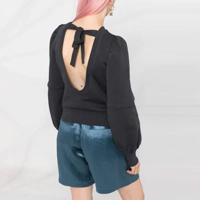 (Women) GANNI SS22 Smiley Embroidered Backless Pullover Sweatshirt Women Black T3050-252 Details for (Women) GANNI SS22 Smiley Embroidered Backless Pullover Sweatshirt Women Black T3050-252