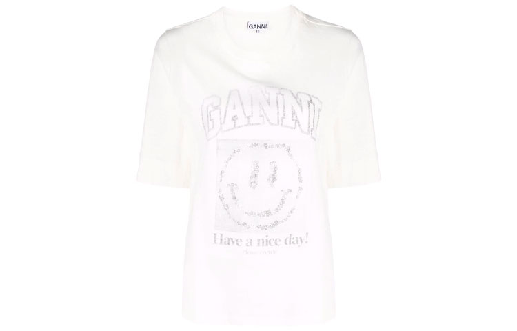 (Women) GANNI SS22 Smiley Face Graphic T-Shirt White Short Sleeve Tee T3074135