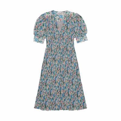 (Women) GANNI SS23 Pastoral Floral V-Neck Pleated Short Sleeve Dress - Sky Blue F6876-228
