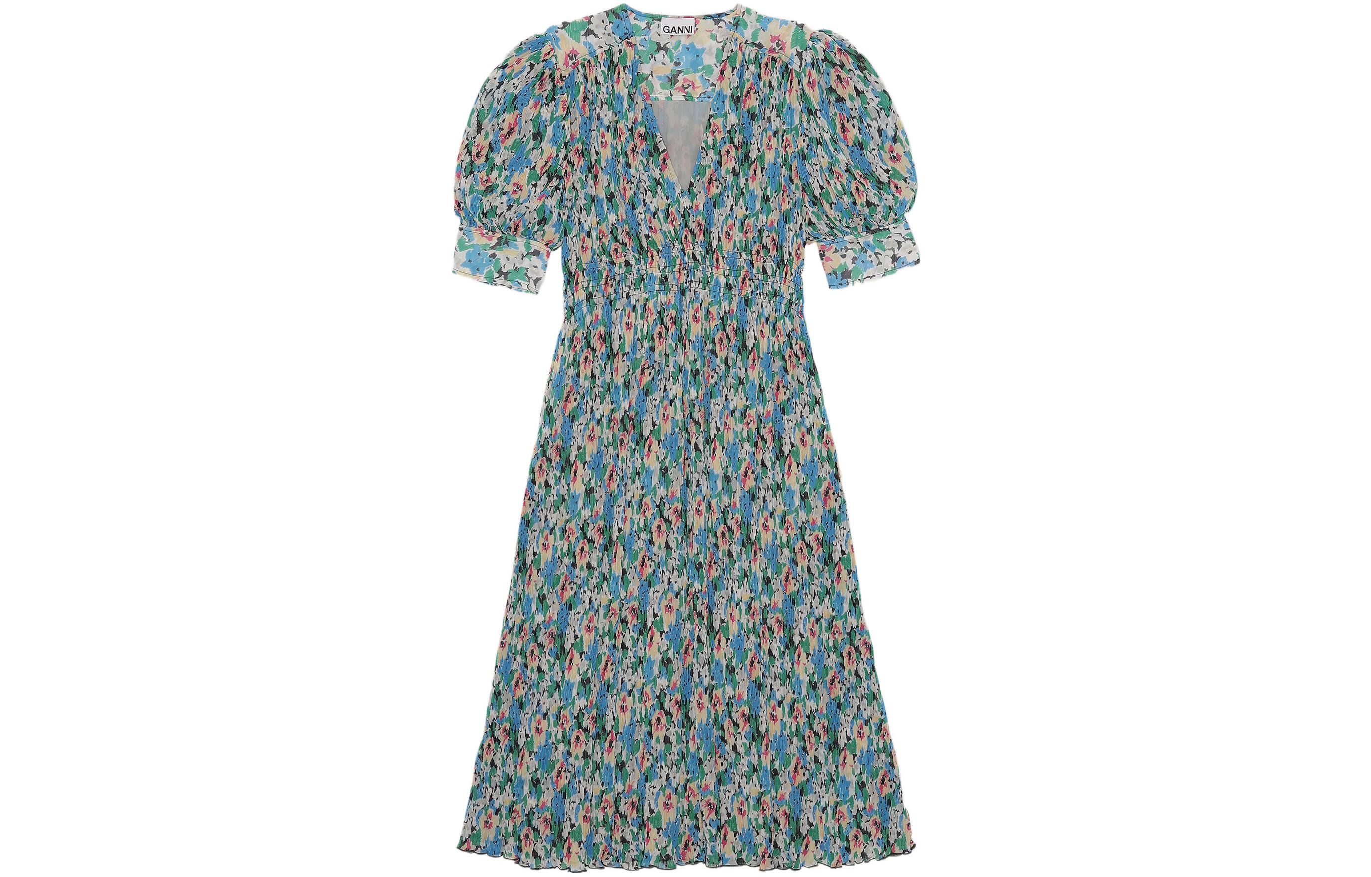 Order (W) GANNI SS23 Pastoral Floral Dress Lengan Pendek Lekuk-V - Biru Langit F6876-228