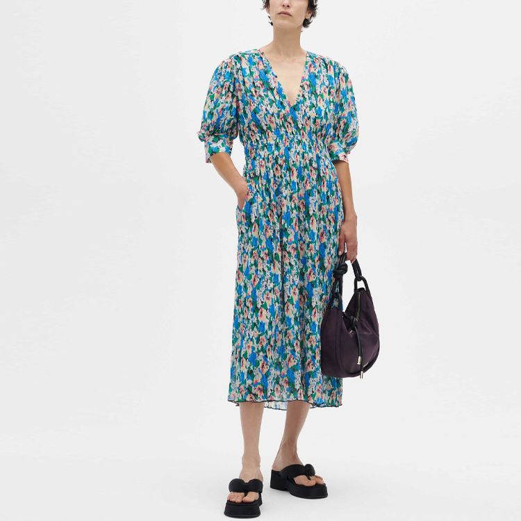 Shop (W) GANNI SS23 Pastoral Floral Dress Lengan Pendek Lekuk-V - Biru Langit F6876-228