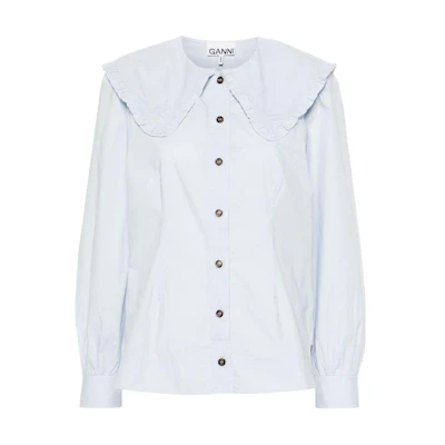 (Women) GANNI SS23 Solid Ruffle Collar Shirt in Heather Gray. F8638-694