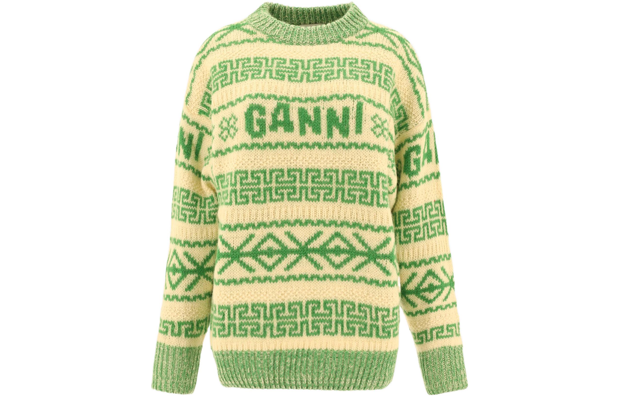 (Women) GANNI SS23  Vintage Print Wool Knit Pullover Sweater Green K1834-135