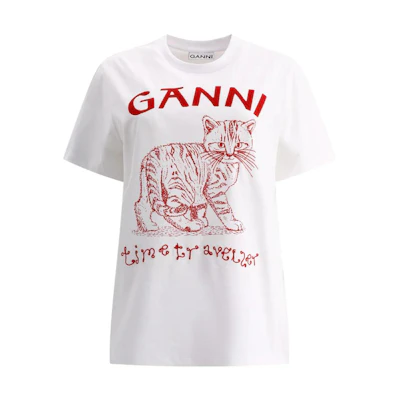 (Women) GANNI SS23 White Animal Print Logo Graphic T-Shirt T3544-151
