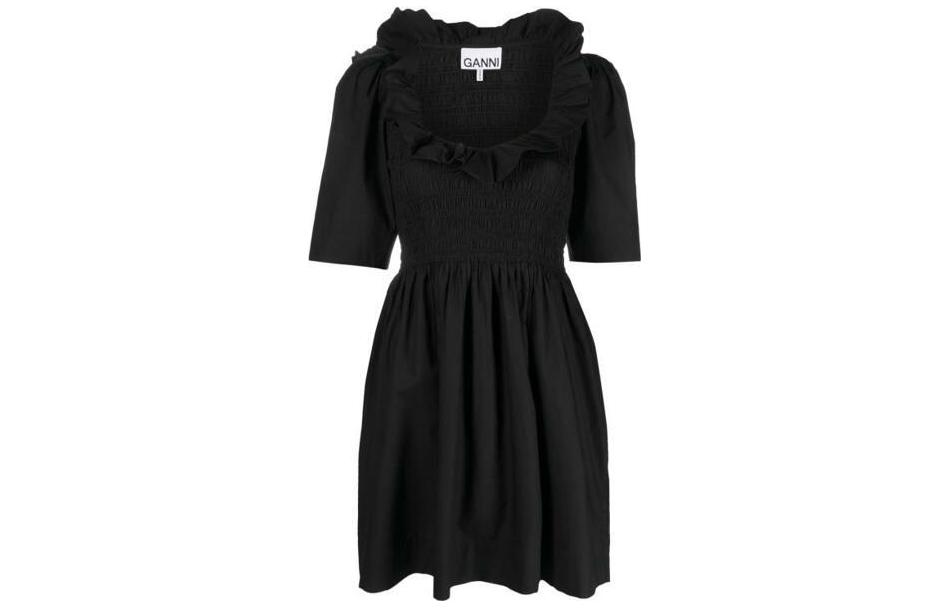 (Women) GANNI SS23 Black Short-Sleeve Cinched-Waist Dress F7704-099
