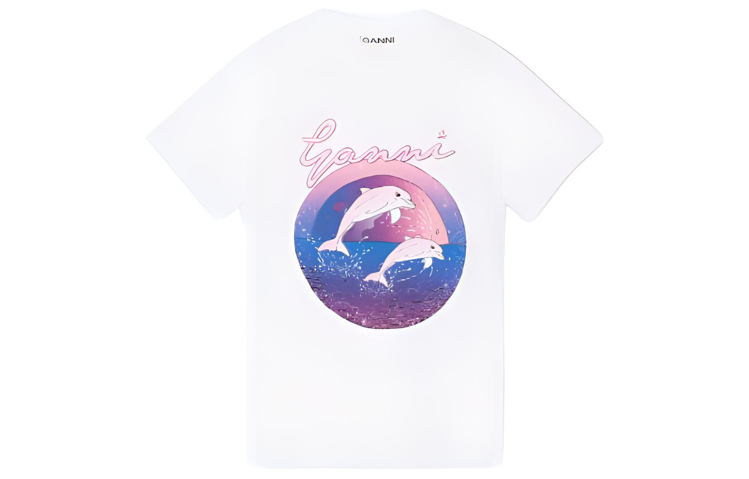 (Women) GANNI SS23 Dolphin Graphic Print Casual T-Shirt Women Bright White T3468-151