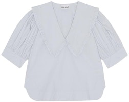 (Women) GANNI SS23 Solid Ruffle V-Neck Puff Sleeve T-Shirt Women Heathered Purple F8637-694 (Women) GANNI SS23 Solid Ruffle V-Neck Puff Sleeve T-Shirt Women Heathered Purple F8637-694