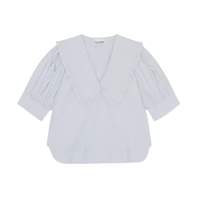 (Women) GANNI SS23 Solid Ruffle V-Neck Puff Sleeve T-Shirt Women Heathered Purple F8637-694
