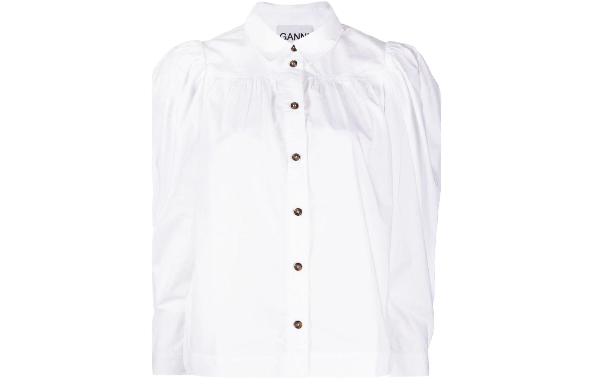 (Women) GANNI SS23 White Puff Sleeve Button-Up Square Neck Blouse F79586479151